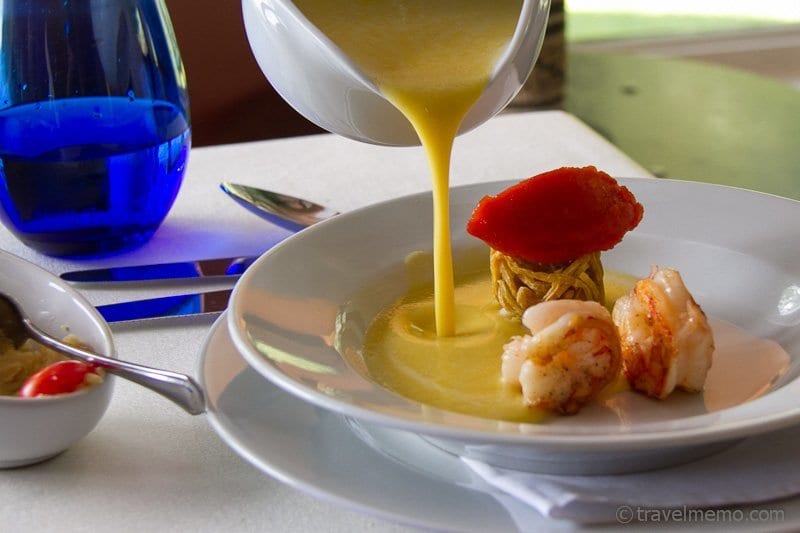 Corn soup with grilled shrimp