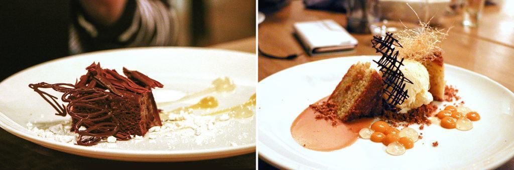 Schokoladen-Kuchen 'Marseille'; Mais-Mandel-Kuchen mit Crème-brulée Eis
