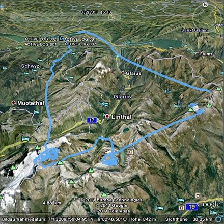 Visualisierung der Flugroute vom Zürichsee zum Bündner Vorab, Limmerenfirn und Planurahütte beim Tödi