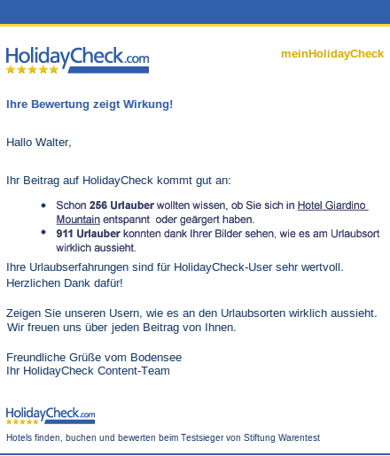 Motivationsmail von HolidayCheck für wirkungsvolle Bewertungen