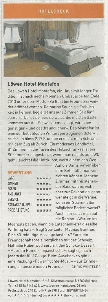 Zeitungsausschnitt Löwen Montafon: Hotelcheck der SonntagsZeitung vom 19. Januar 2014
