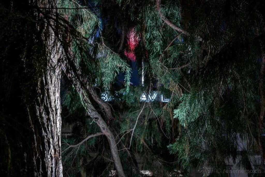 Tanne im Hotelpark und Leuchtschrift des Baur au Lac