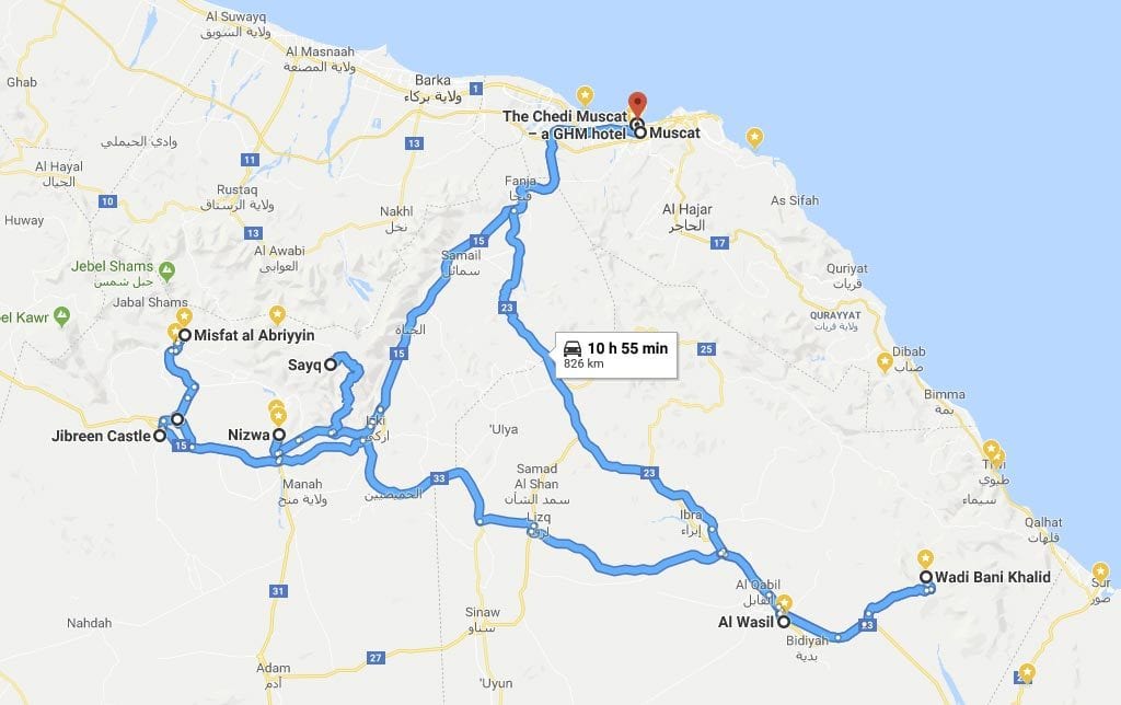 Route des Oman-Roadtrips Muscat - Nizwa - Al Wasil - Muscat
