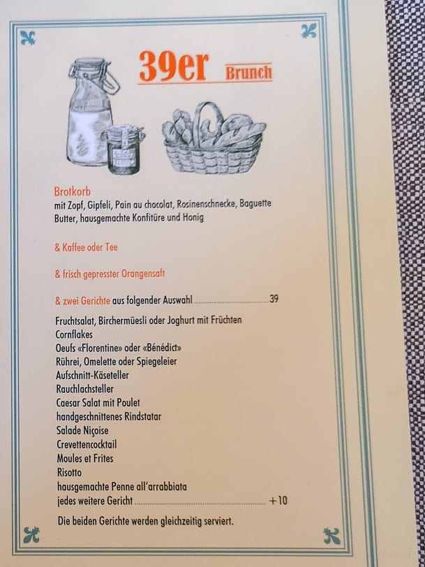 39er Brunch Speisekarte mit Auswahl an Getränken und Speisen