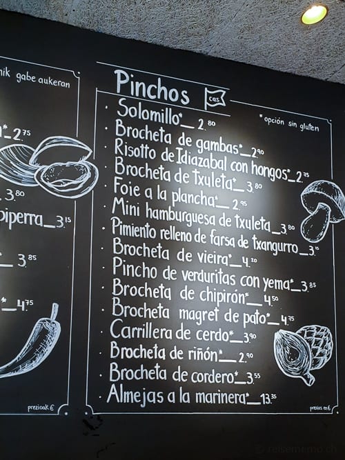 Pinchos Menukarte auf Spanisch. Sogar glutenfrei!