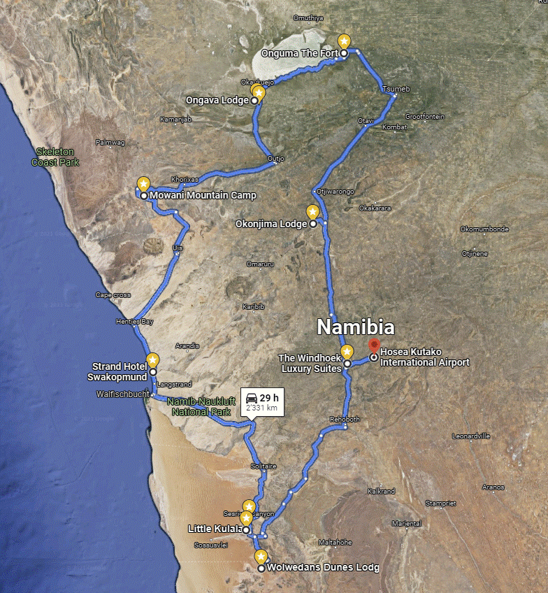 Route der Reisememo Namibia-Rundreise