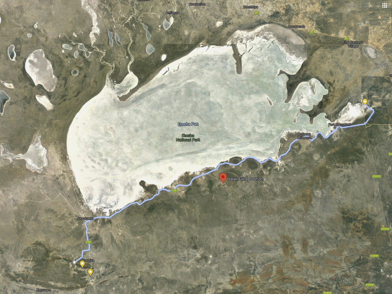 Google Maps mit Tankstellen im Etosha-Nationalpark