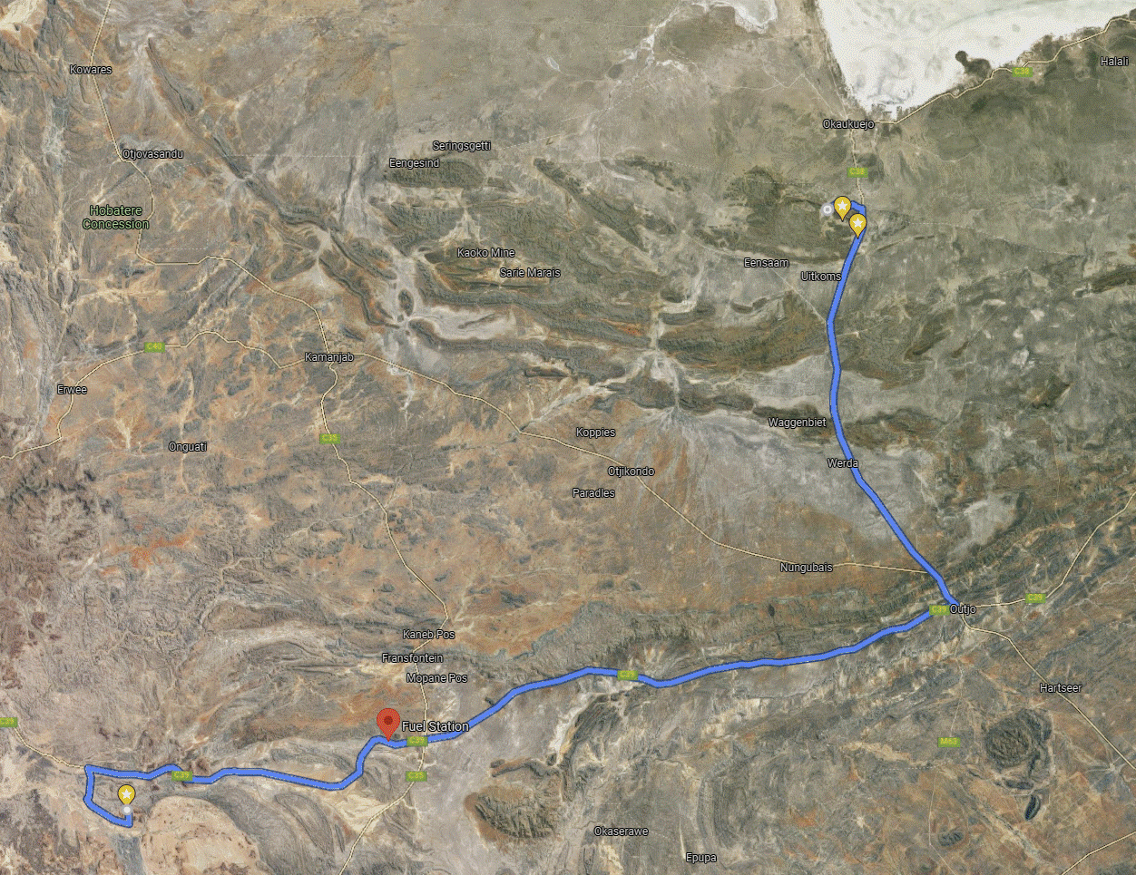 Google Maps mit Tankstelle in Khorixas und Etosha Trading Post