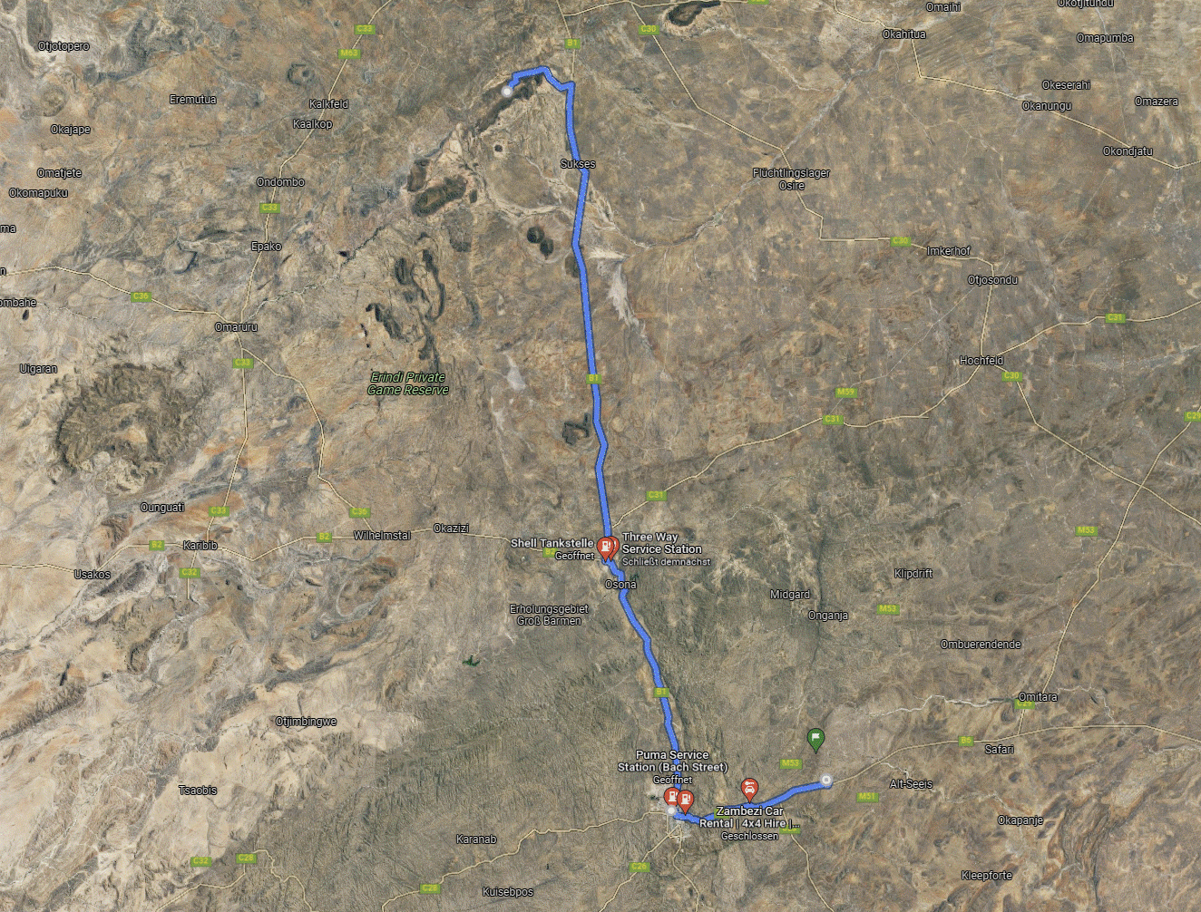 Google Maps mit Tankstellen in Okahandja, in Windhoek und am Flughafen