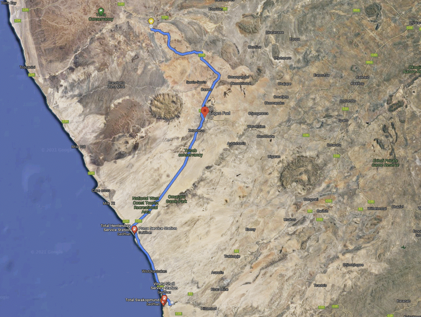 Google Maps mit Tankstellen zwischen Swakopmund und Uis