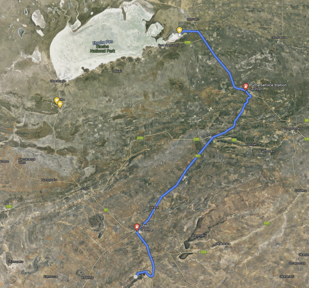 Google Maps mit Tankstellen bei Tsumeb und in Otjiwarongo