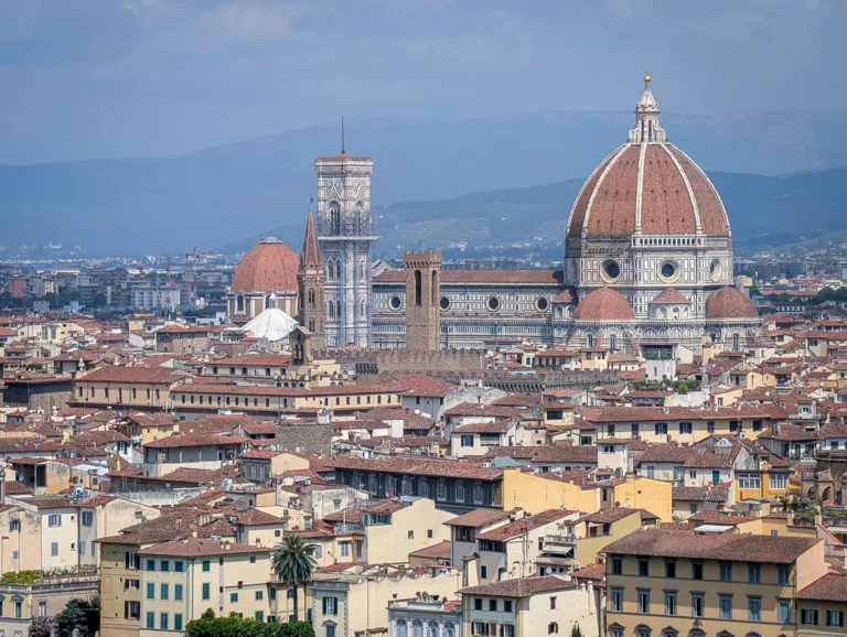 Panoramablick über die Dächer von Florenz mit der markanten rot-braunen Kuppel des Doms Santa Maria del Fiore und dem Giotto-Campanile im Zentrum der Altstadt, dahinter bewaldete Hügel der Toskana