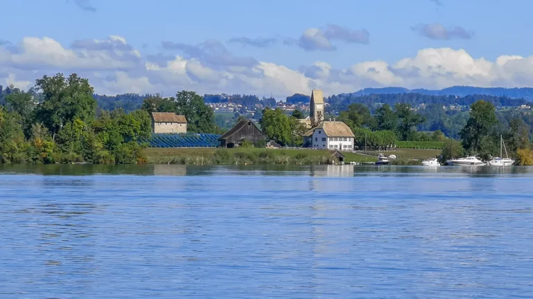 Sicht vom Kursschiff auf Kirche St. Peter und Paul auf der Insel Ufenau