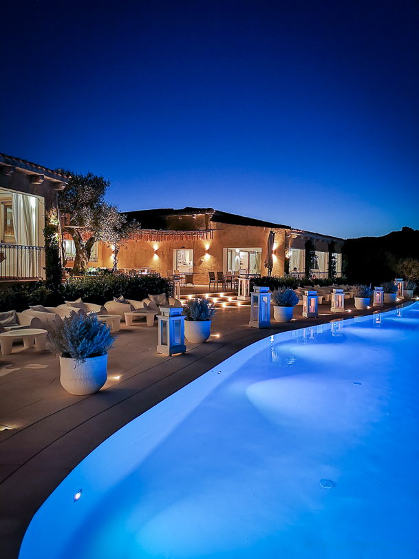 Blue hour at the pool of the Li Finistreddi Boutique Hotel