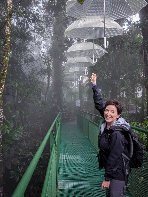 Wanderin auf grüner Hängebrücke unter künstlerischer Installation aus weissen Regenschirmen im nebligen tropischen Regenwald