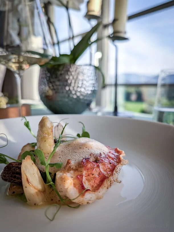 Elegant angerichtetes Gourmetgericht mit Hummer, weissem Spargel, Morcheln und Schaum auf weissem Teller, im Hintergrund ein Weinglas und Panoramafenster mit Bergblick