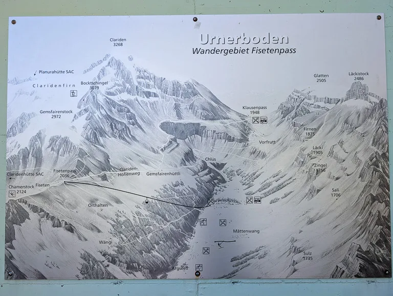 Karte von Urnerboden mit dem Wandergebiet Fisetenpass