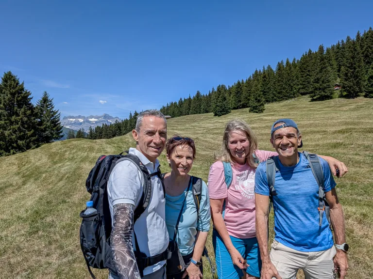 Vier Wanderer stehen auf einer sonnigen Bergwiese mit Tannenwald im Hintergrund und Blick auf die Schweizer Alpen