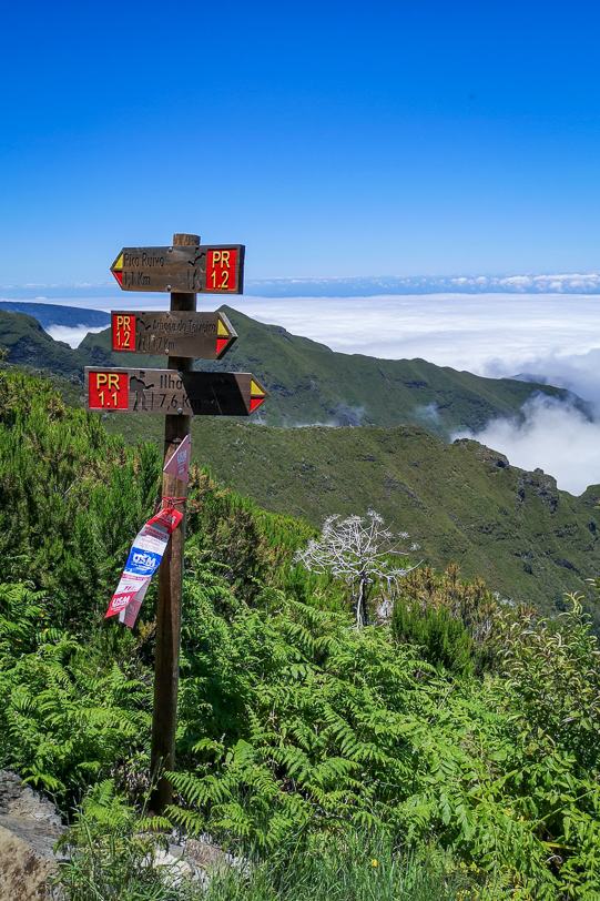 Hiking trail sign PR 1.2 between Pico Ruivo and Achada do Teixeira in Madeira